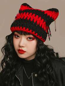 1 件男女通用手工钩针猫耳可拆卸别针金属流苏装饰朋克帽，Y2K 街头镂空条纹无檐帽，嘻哈时尚 - 彩色 - 查看 5