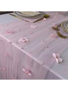 Elegant Floral Faux Pearl Tulle Table Cloth With Faux Pearls - Sheer Mesh Fabric, Suitable For Wedding, Bridal Shower And Romantic Valentine's Day Table Decor ,Valentine's Day ,Valentines Decorations ,Valentines Gifts Party Favors Room Decor Bride Birthday Graduation Birthday Decorations Party Decorations Bachelorette