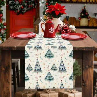Față de masă dreptunghiulară din poliester, din in, cu tematică de Crăciun, cu design de brad de Crăciun și fulg de zăpadă, împodobită cu ilex verde și fructe de pădure roșii și o față de masă durabilă, decorațiuni de Crăciun, potrivită pentru decorarea rurală a sărbătorilor.