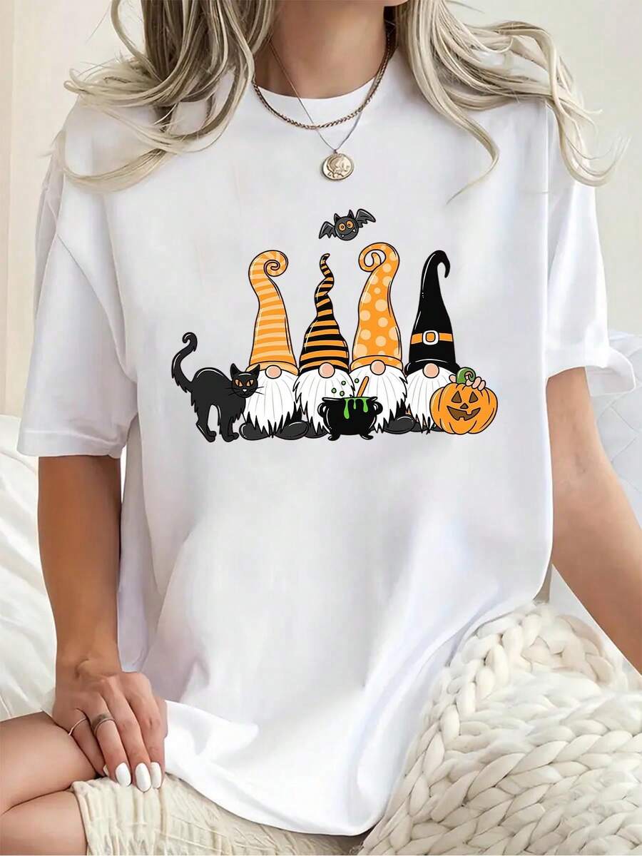 Plus Size Women's Casual T-Shirt Women's Halloween Gnomes With Pumpkin And Cat Print For Festive Season 220g