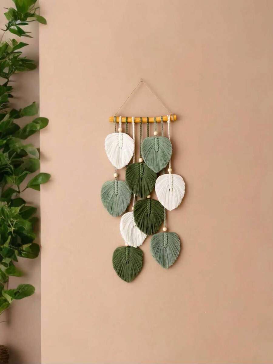 ديكور جداري من الماكرامي بأوراق، جداري بوهيمي منسوج، ديكور جداري كبير منسوج بأوراق وشرابات، فن جداري منسوج يدويًا للغرفة النوم وغرفة الأطفال والمنزل