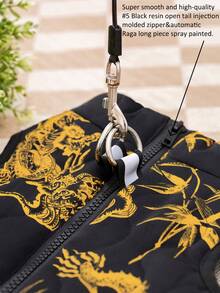 1pc Black Background Golden Dragon Totem Print Gourd Quilted Cotton Dog Coat With Back Zipper, Washable Pet Jacket Suitable For Large, Medium And Small Dogs, For Indoor Or Outdoor Wear
