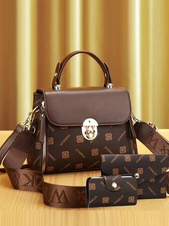 Juego de 3 piezas de bolsos de moda para mujer - Bolso de mano versátil y casual con cartera, marrón café, piel sintética, cierre con cremallera, estampado, con diseño de cordón en los bordes - Para mujer - Adecuado para uso diario, compras, citas - Regalo perfecto para ella