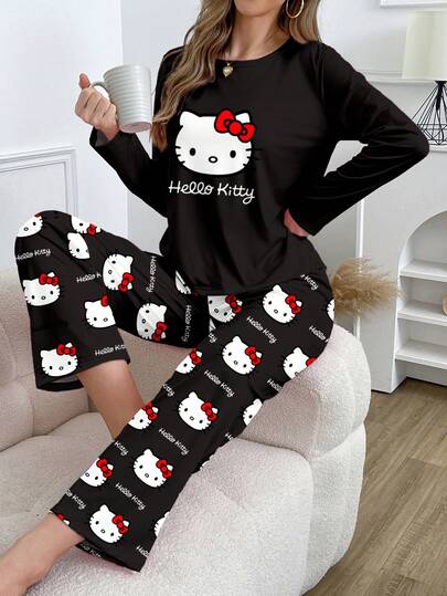 Sanrio Sanrio Authorized Hello Kitty Cartoon Print Casual Crew Neck Long Sleeve Top And Comfortable Pants Pajama Set, Suitable For All Seasons, Winter Clothes