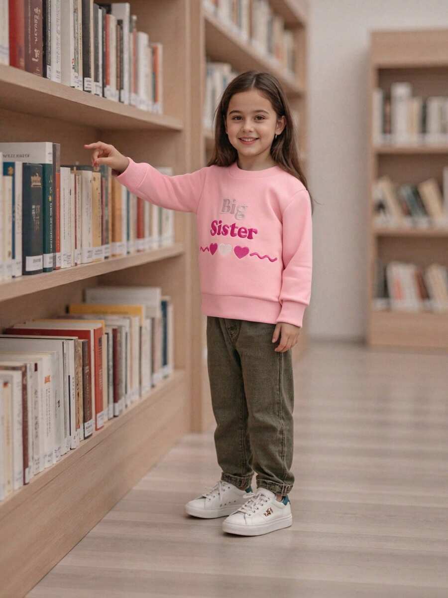 Toddler Baby Girl Sweatshirt Letters Heart Embroidery Pullover Crew Neck Long Sleeve Fall Tops - Pink - View 1