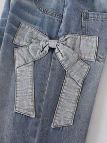 1pc Girls Casual Street Style Comfortable Everyday Versatile Applique Big Bow Blue Snowflake Washed Denim Jeans - Light Wash - View 6
