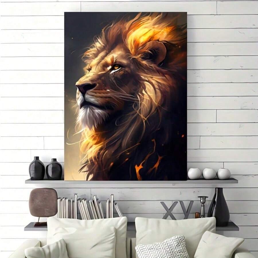 1 pieza Póster de lienzo de animal sin marco, Pintura retrato de león, Arte de pared de lienzo, Obra de arte moderna para regalo, dormitorio, oficina, sala de estar, cafetería, bar, decoración de pared, hogar y decoración de dormitorio