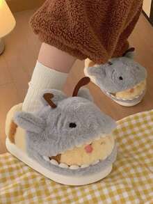 Women's Casual Indoor Slippers, Grey & Yellow Shark & Bee Design, Non-Slip, Warm, Thick Soft Bottom, Suitable For Spring, Autumn & Winter - Grey - View 3