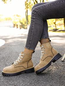 Botas de Couro Vintage Estilo Britânico com Chifre de Cervo Falso para Mulheres, Cano Médio, Botas de Trabalho de Cano Alto