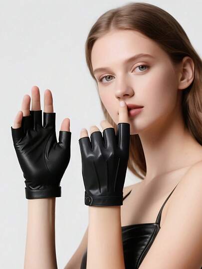 1 Pair Elegant Black Half Finger Gloves For Men & Women - Non-Elastic Open Finger Design, Durable Solid Color For Dance Performances, Streetwear, Outdoor Sports & Casual Outings ﻿