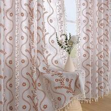 84 Inch Length Boho Farmhouse Curtains Living Room 2 Panels, Linen Semi Sheer Vintage Printed Floral Orange Rustic Curtain Drapes, Terracotta - 赤陶花卉 - 查看 7