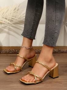 1双带粗跟高跟穆勒凉鞋，法式系带高跟凉鞋，新款女士派对鞋，夏季搭配连衣裙，百搭 - 金色 - 查看 8