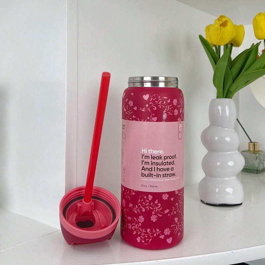 OWALAFreeSip 32OZ Insulated Stainless Steel Water Bottle Double-Layer Kettle With Straw Vacuum Flasks For Sports Travel - Love letter-32oz - 查看 1