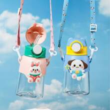 1pc Popular Dopamine Cartoon Plastic Cup, Outdoor Travel Portable Drawstring Plastic Straw Cup, Cute Cartoon Water Cup[Random Cartoon Color] - Multicolor 2 - View 3