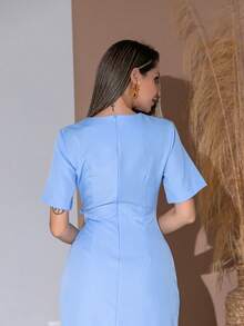Long Dress With Short Sleeves With Belt Formal And Evening V775 - Celeste - Ver 6