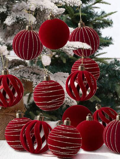12 piezas Bolas de Navidad rojas con efecto aterciopelado, decoraciones para el árbol de Navidad, decoración navideña para ventanas, adornos navideños, bolas pintadas con efecto aterciopelado rojo, adecuadas para el árbol de Navidad de un mundo invernal, suministros navideños, decoración del hogar, decoración de habitaciones, decoraciones navideñas, decoración del árbol de Navidad, acentos para interiores y exteriores, adornos para el árbol de Navidad, decoración navideña para la mesa - Rojo
