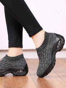Women's All Black Casual Sneakers, Cushioned Shock Absorbing Knit Sock Shoes, Suitable For Sports & Dancing - Grey - View 5