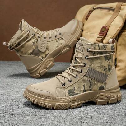 Men's Camouflage High-Top Work Boots, Lace-Up Closure Design, Outdoor Retro Boots, Fashionable Breathable Anti-Slip Boots, Suitable For Outdoor Travel, Desert Boots