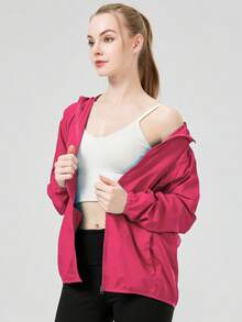 1件女款夏季超薄連帽運動夾克，純色長袖女上衣，女款戶外休閒運動服，附收納口袋 - 玫瑰紅 - 查看 4