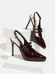 Jin Bei Qi Pantofi cu toc înalt pentru femei, cu platformă înaltă, vârf ascuțit, piele lăcuită de culoare uni, cataramă cu o singură curea, sandale stiletto pentru petreceri în aer liber, pantofi eleganți la modă pentru ocazii formale, petrecere, banchet, roșu vin