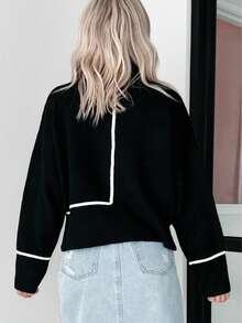 Damen Lässiger Alltags-/Büro-Pullover mit gestreiftem Kontrastfarbigem Rippstrick-Saum, Loose Fit Rollkragen, Herbst/Winter