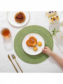 12pcs/Set Round Woven Placemats & Coasters Set, 15 Inch, Double-Sided Washable, Suitable For Kitchen, Holiday Parties, Dinners, Family Gatherings (Green)