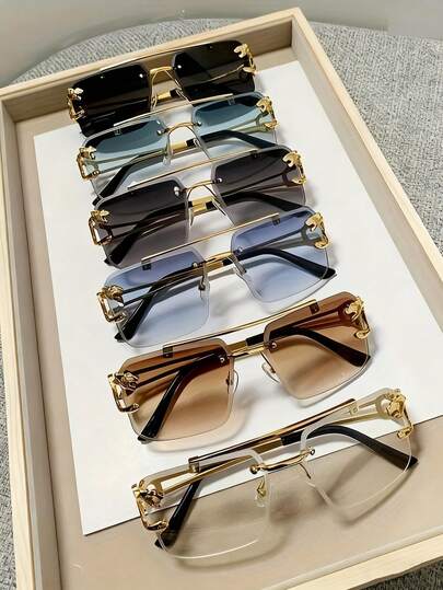 6-Piece Men's New Metal Double-Bridge Rimless Square Glasses – Bold Leopard Head Accent, Euro-American Business Style, Stylish Decorative Eyewear
