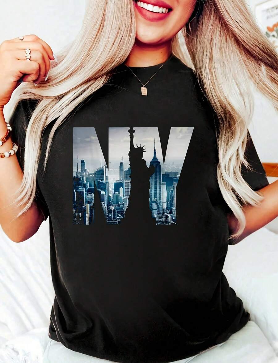 Camiseta divertida 100% algodón negro para mujer con ilustración gráfica del horizonte de la ciudad de Nueva York, camiseta gráfica de cuello redondo de manga corta, casual, de alta calidad 220g de algodón puro con impresión minimalista, para disfraces de Halloween - Negro - Ver 1
