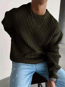 男士复古硬币图案针织毛衣，宽松圆领纹理套头衫，秋冬款 - 綠色 - 查看 1