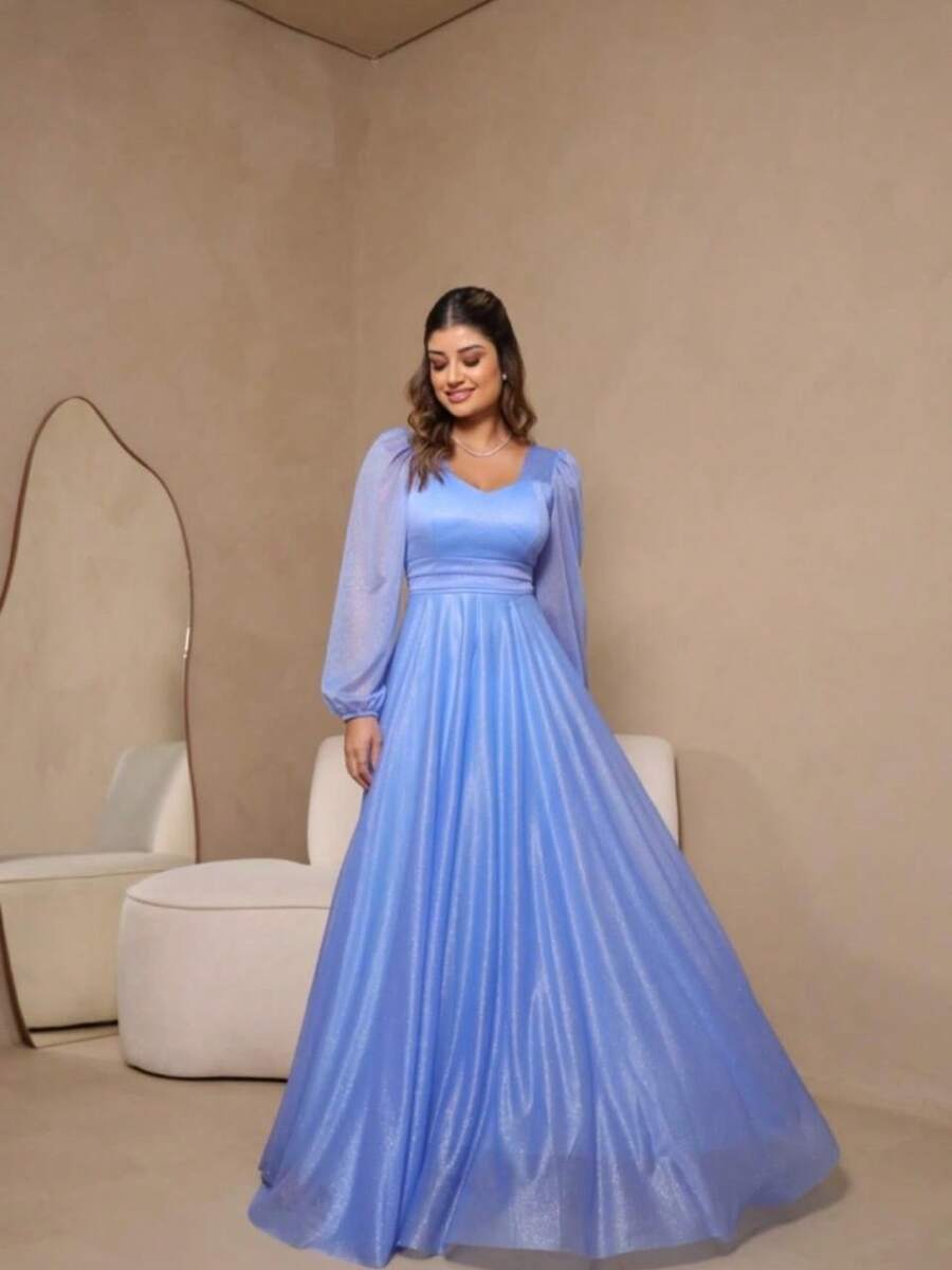 Long Dress Puff Sleeve Graduation Party Wedding Bridesmaid Guest - 藍色 - 查看 1