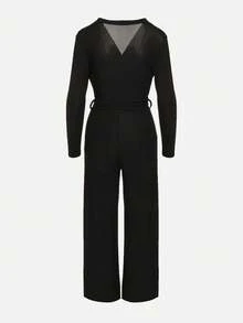 Women Solid Viscose Wrap Jumpsuit With Belt - Black - View 7