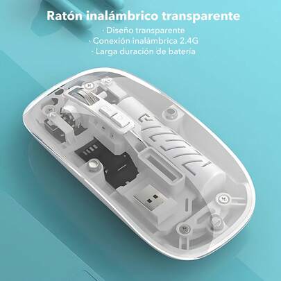 Mouse Inalámbrico Recargable Bluetooth 5.2 y 2.4G | Ratón Silencioso Portátil con Luces RGB, DPI Ajustable, Transparente | Ideal para Laptop, PC y Tablet | Blanco, Rosa y Negro