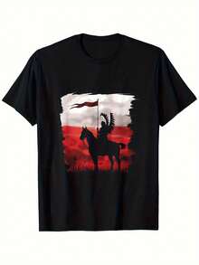 Camiseta com a bandeira do Dia Nacional da Polônia, Husar Husaria Polska - 100% algodão, caimento solto com mangas curtas, preta com design militar histórico vermelho e branco, camisa casual unissex para homens e mulheres (P-XXXG), roupa patriótica, construção durável, para compradores patrióticos - Preto - Ver 1