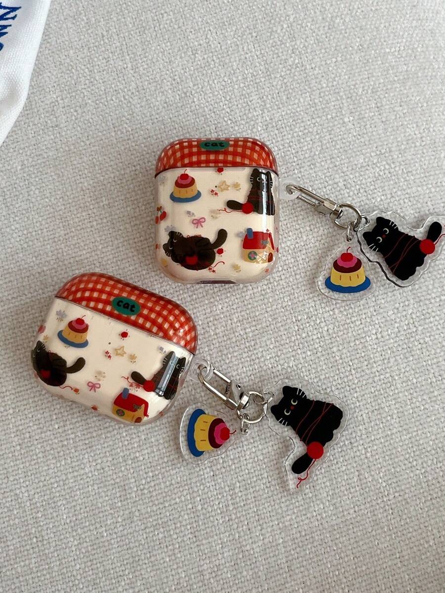 Retro Plaid Cake & Black Cat Pattern Protective Case Compatible With Apple Pro 2/1/2nd Gen Wireless Bluetooth Earphone Box 3rd Gen Soft Anti-Drop Earphone Cover - Red - View 1