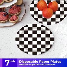 Black And White Checkered Themed 20/40/60/80/100 Disposable Tableware Set, Including 7-Inch Paper Tray, 9-Inch Cardboard, 9-Ounce Cup, Napkins, Suitable For Daily Gatherings, Birthday Parties, Bridal Showers, Baby Showers, Clubs, Weddings, Tea Parties - Multicolor - View 5