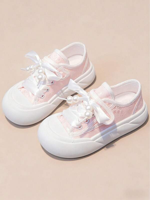 1 Pair Girls' Pearl Bow Hook And Loop Canvas Sneakers, Princess Style, Suitable For School, Spring/Autumn, Everyday Wear