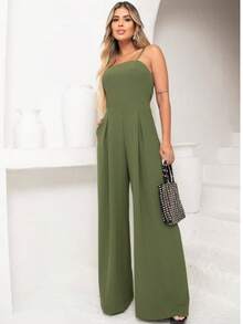 Women's Long Palazzo Jumpsuit VARIOUS COLORS Simple Backless / Backless Ruched Butterfly Knot Wedding Birthday Party - xanh quân đội - Xem 2