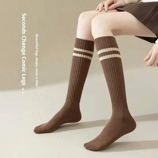 2 pares de calcetines para pantorrilla, calcetines de algodón con presión gruesos que hacen ver talla grande delgadas a las mujeres en otoño e invierno, calcetines largos tipo tubo marrones con suela acolchada, calcetines largos tipo tubo en estilos de primavera y otoño