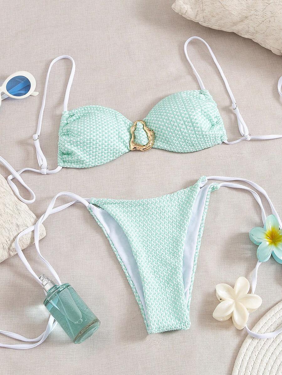 Conjunto de biquíni feminino sexy com amarração nas costas e detalhes metálicos, perfeito para férias de verão. - Azul - Ver 1