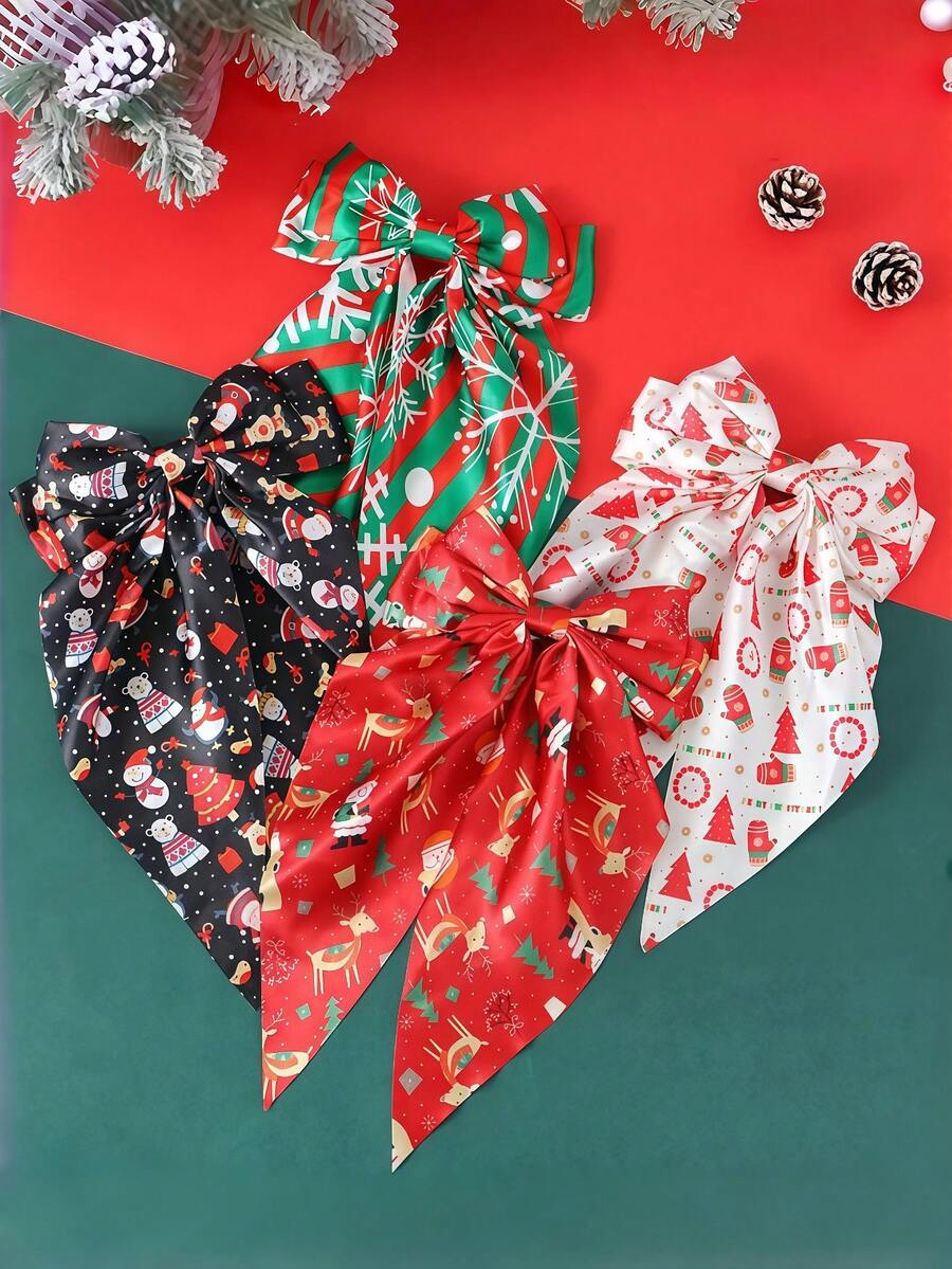 4 piezas Clips/Ganchos elegantes de Navidad para el cabello de mujer - Diseño impreso de muñeco de nieve/regalo/elemento navideño, lazos de cinta, accesorios para el cabello para recogidos parciales/fiestas de Navidad, pasadores de cabello, barrettes, accesorios lindos