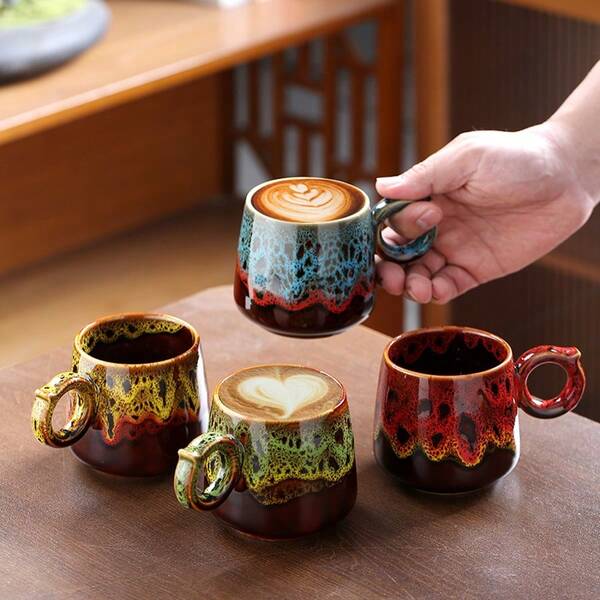 Kubek ceramiczny o pojemności 350 ml z efektem spękania w stylu vintage, w kolorze niebiesko-czerwono-brązowym, o zaokrąglonym kształcie, z unikalnym uchwytem w kształcie pierścienia, odpowiedni do codziennego picia, użytku domowego i codziennego.