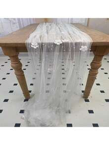 Elegant Floral Faux Pearl Tulle Table Cloth With Faux Pearls - Sheer Mesh Fabric, Suitable For Wedding, Bridal Shower And Romantic Valentine's Day Table Decor ,Valentine's Day ,Valentines Decorations ,Valentines Gifts Party Favors Room Decor Bride Birthday Graduation Birthday Decorations Party Decorations Bachelorette