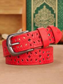 1pc Women's Brown Western Style Hollow Pattern Belt, Red Country Style Belt, Black Business Casual Dress Accessory, Retro Cowboy Style Leather Belt, Suitable For Equestrian Performance, Country Music Concerts, Daily Wear And Various Occasions