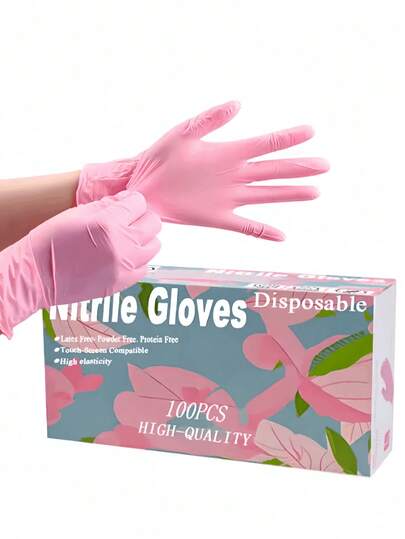 100 Stücke rosa Einweg-Nitrilhandschuhe zum Kochen, Putzen, Tierpflege, für Schönheitssalons und Spas; rosa Nitrilhandschuhe, puderfrei, Einweg, latexfrei (ohne Verpackung)