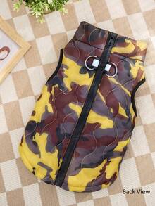1pc Brown & Yellow Diagonal Geometric Camouflage Print Quilted Cotton Dog Coat With Back Zipper, Washable Pet Jacket Suitable For Large, Medium And Small Dogs, For Indoor Or Outdoor Wear