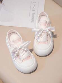1 Pair Girls' Pearl Bow Hook And Loop Canvas Sneakers, Princess Style, Suitable For School, Spring/Autumn, Everyday Wear