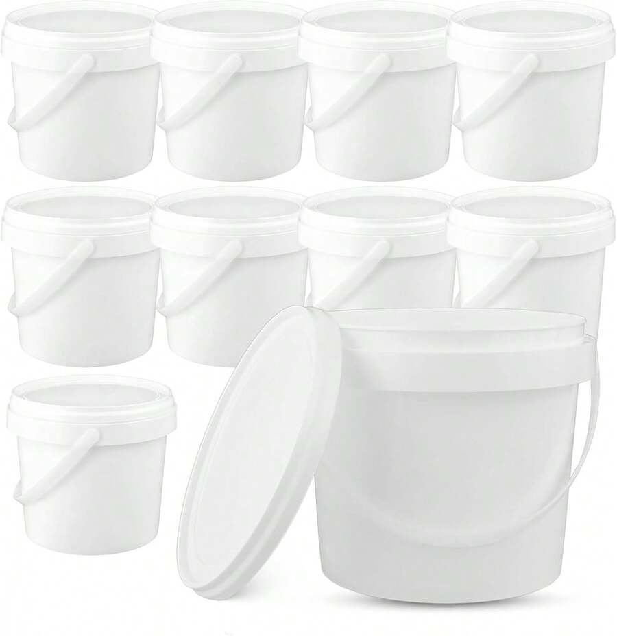 10Pcs 0.4Gallon Plastic Buckets, White Bucket With Lid And Handle, Small Paint Containers With Lids For Multipurpose Paint Water Art Crafts Projects Garage Organization(50.7oz) - 1 - 查看 1