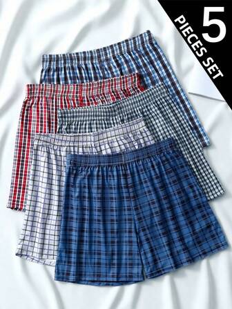 5pcs Men's Plaid Print Elastic Waist Boxer Briefs, Comfortable Breathable Trunks