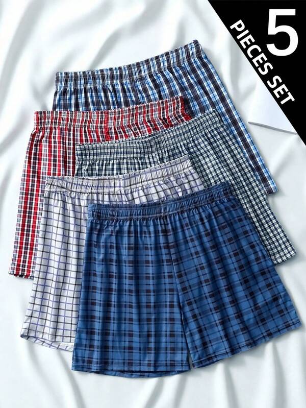 Cuecas boxer masculinas com estampa xadrez e cós elástico, 5 peças, confortáveis e respiráveis