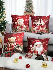 4件/1件裝 紅色聖誕節抱枕套－雪人、馴鹿情侶、泰迪熊與聖誕老人紅色節日場景設計，18x18英吋 | 拉鍊式開合 | 鮮豔色彩，聚酯纖維材質，可水洗 | 適用於客廳、房間裝飾、沙發與臥室（不含枕芯）完美適合聖誕裝飾、聖誕派對、居家聖誕佈置 - 彩色 - 查看 6